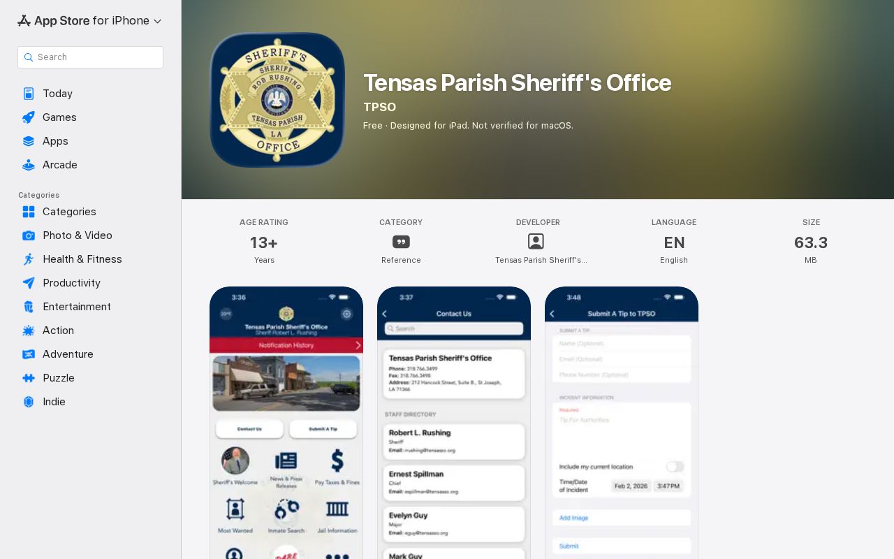 Tensas Parish Sheriff app description showing tip and public-safety features rather than a warrant list