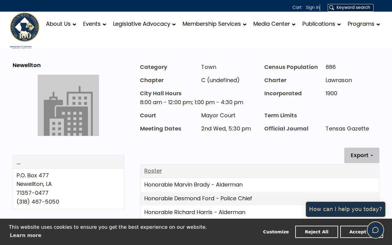 Official LMA Newellton profile showing city hall hours and the Mayor's Court listing behind Tensas Parish warrant records