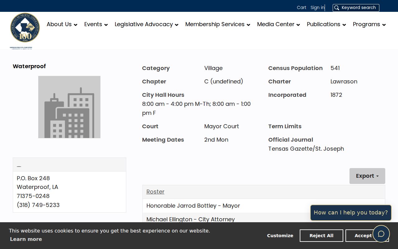 Official LMA Waterproof profile showing city hall hours and the Mayor's Court listing for Tensas Parish warrant records