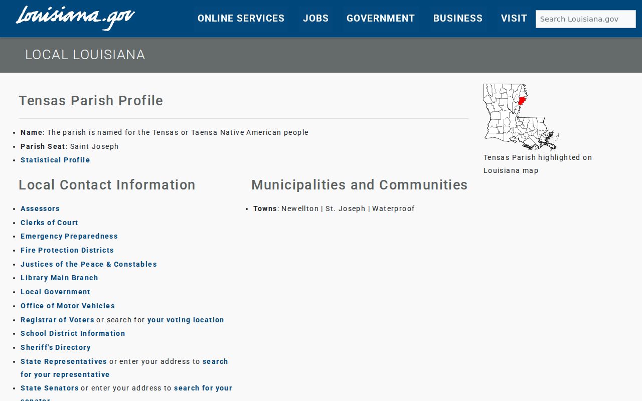 Louisiana state parish profile listing Saint Joseph as Tensas Parish seat for city warrant records