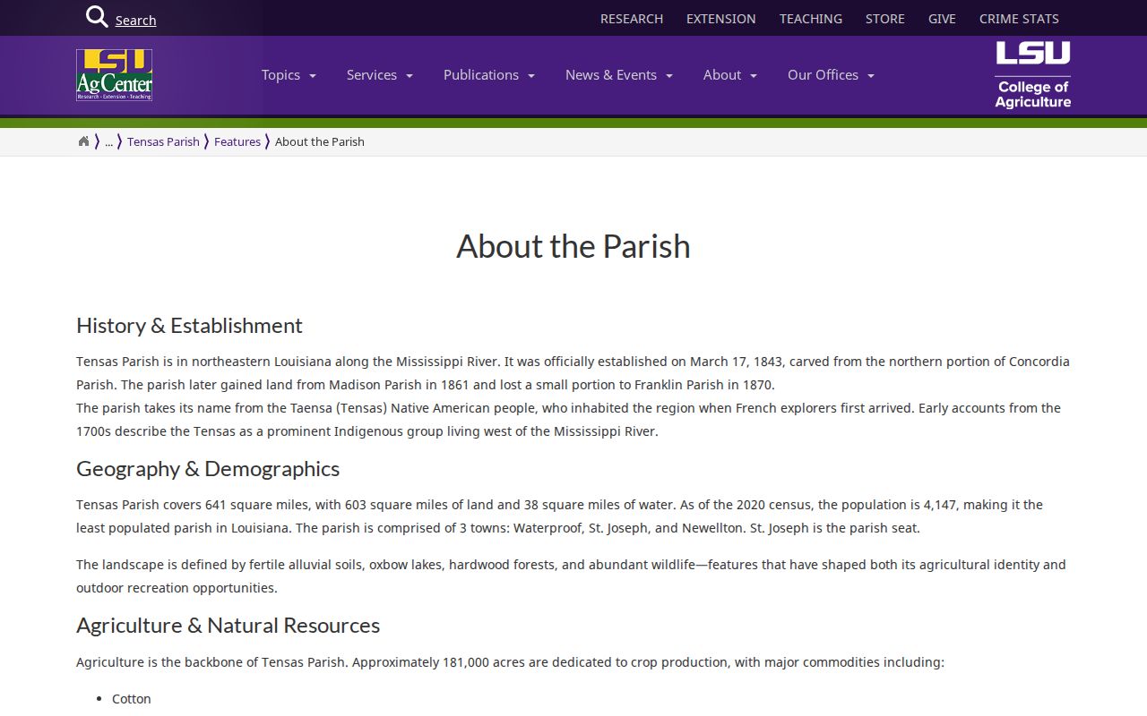 LSU AgCenter Tensas Parish population and town context for active warrant geography