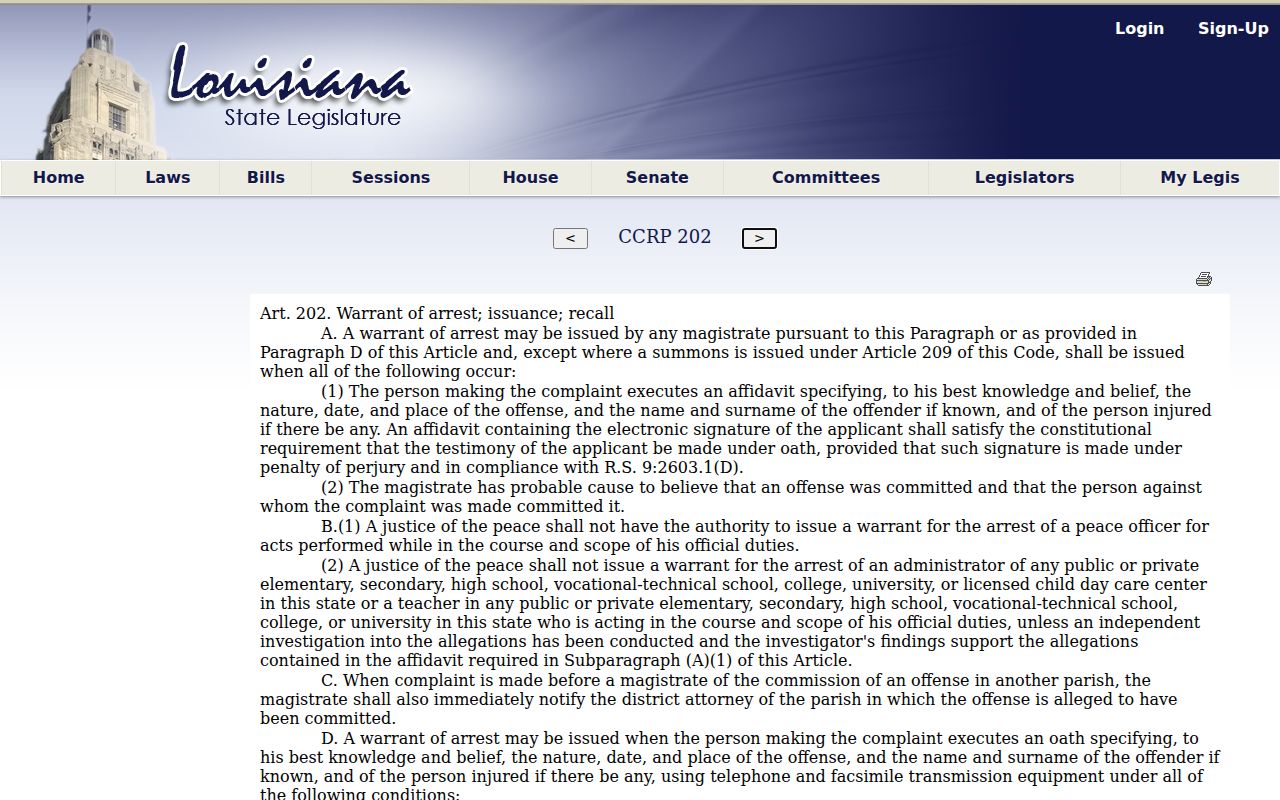 Louisiana warrant issuance statute heading used for Tensas Parish arrest warrant review