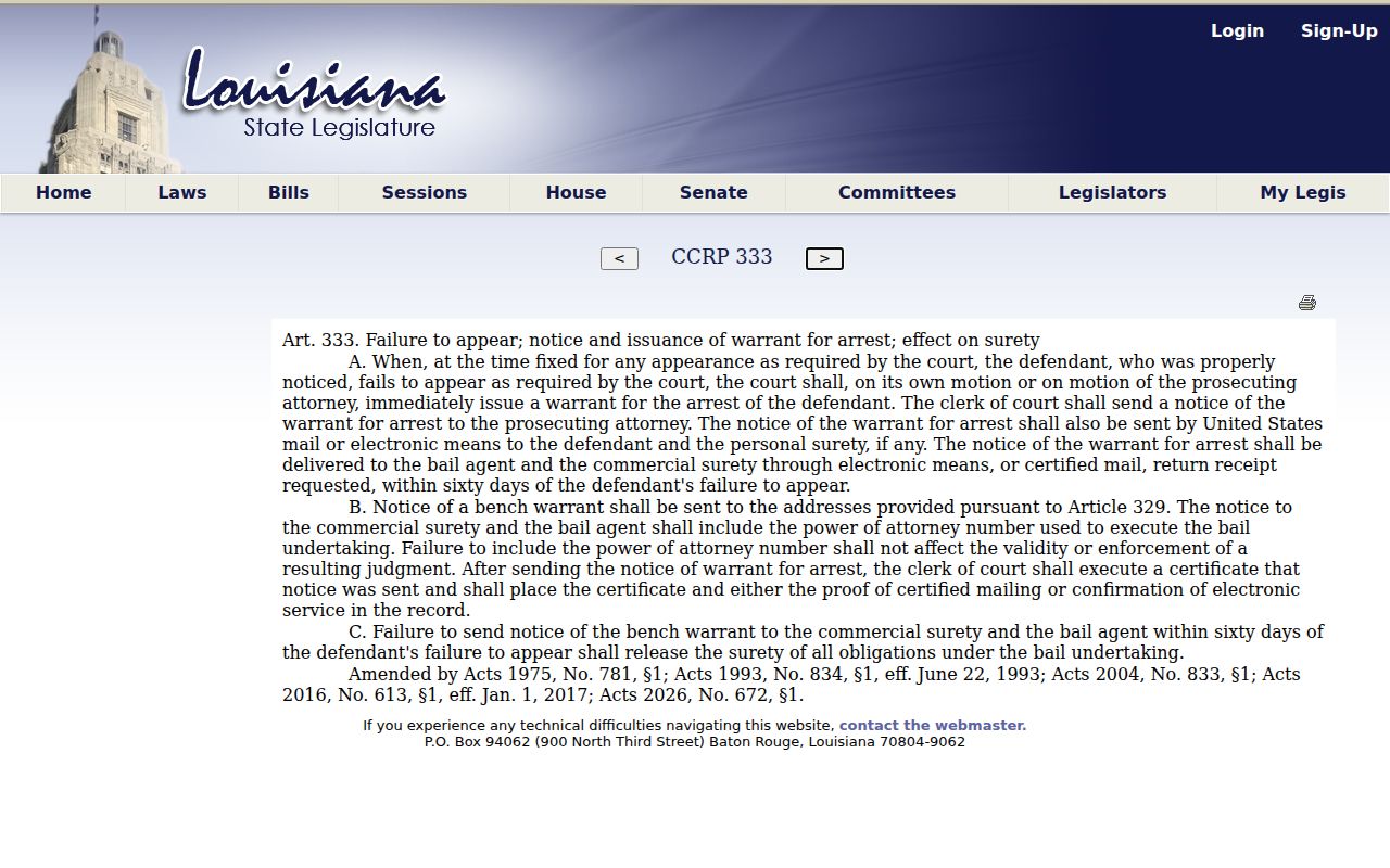 Louisiana failure to appear statute text behind a Tensas Parish bench warrant