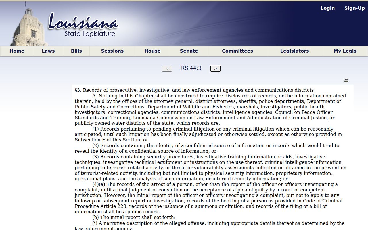 Louisiana public records exemption statute text relevant to Tensas Parish active warrant records