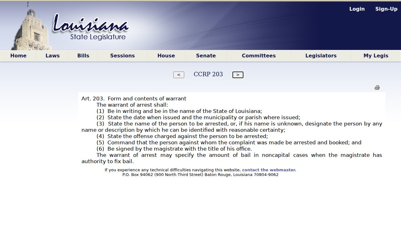 Louisiana statute text describing the fields inside a Tensas Parish arrest warrant record