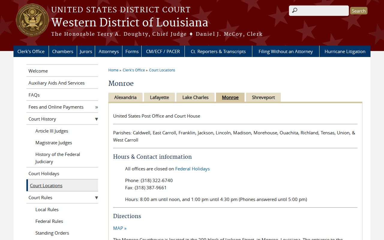 Federal courthouse for the Monroe Division covering Tensas Parish federal fugitive and warrant cases