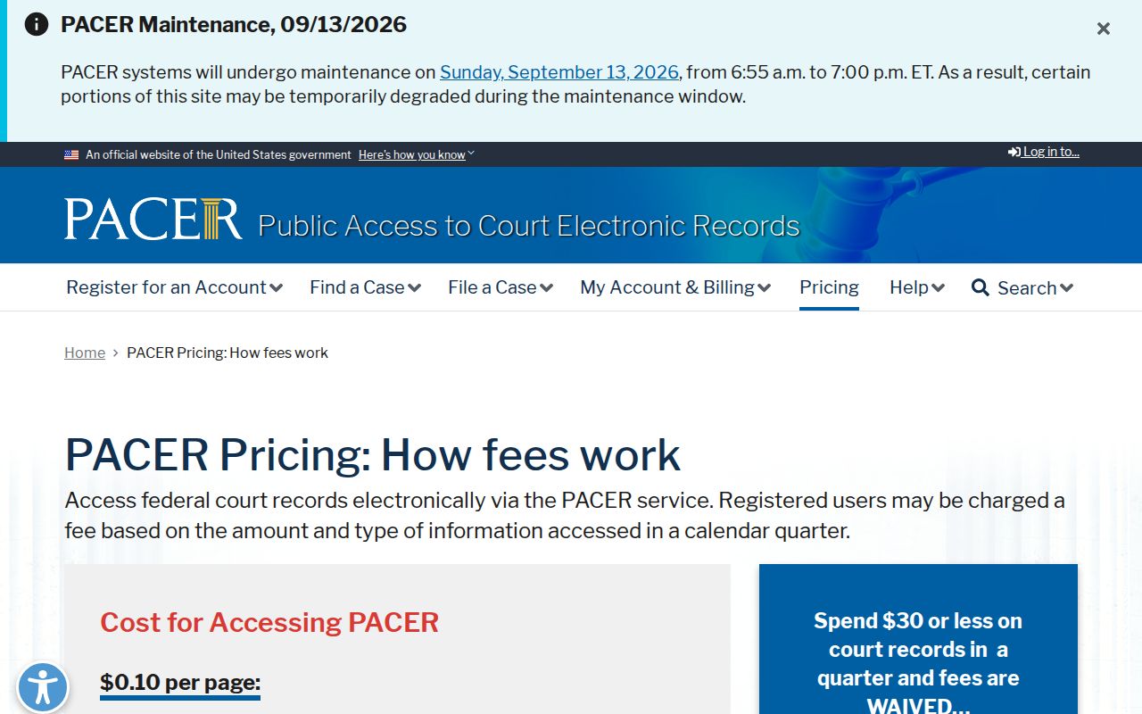 PACER federal court pricing and fee waiver block for Tensas Parish arrest warrant research