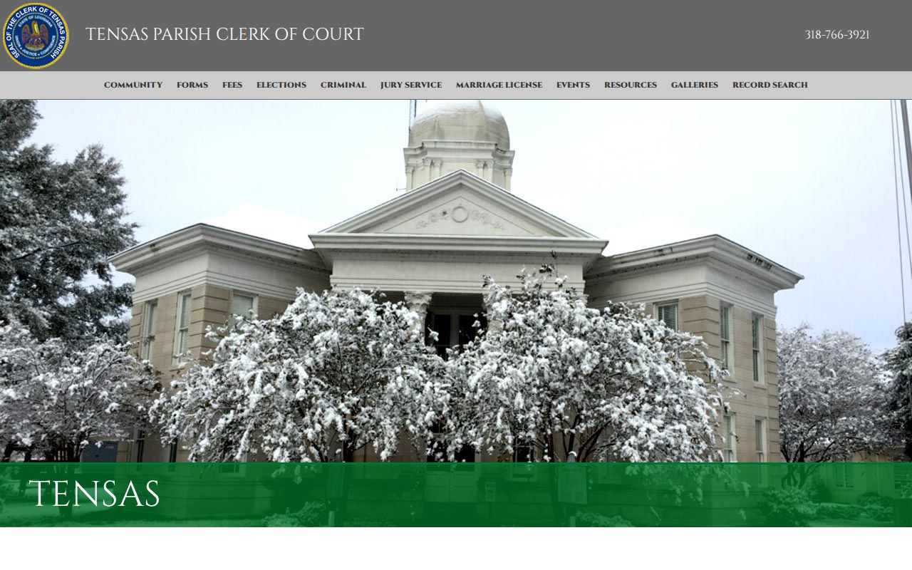 Tensas Parish clerk of court homepage showing courthouse warrant records contact information